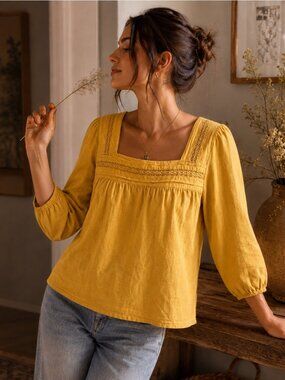St. John's Bay 100% Cotton Mustard Yellow Square-Neck Peasant Blouse Size Small